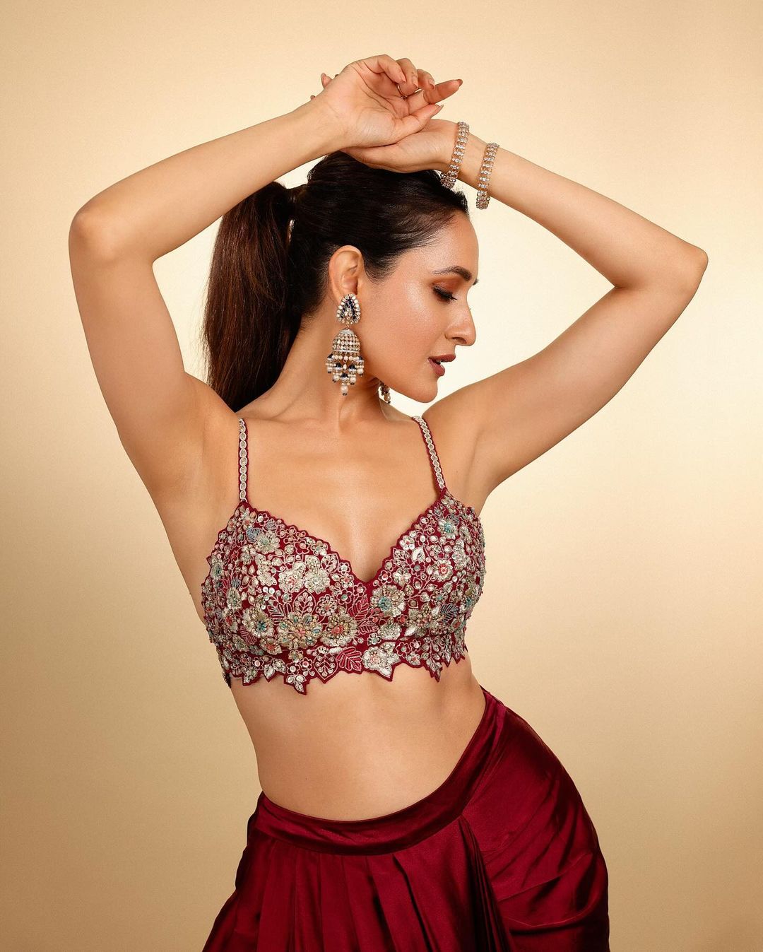 South Indian Actress Pragya Jaiswal in Maroon Lehenga Choli